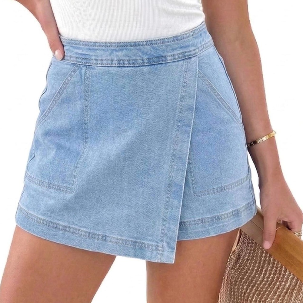 GOBLES Womens High Waisted Denim Skort Jean Skirt Shorts Light Blue XXL